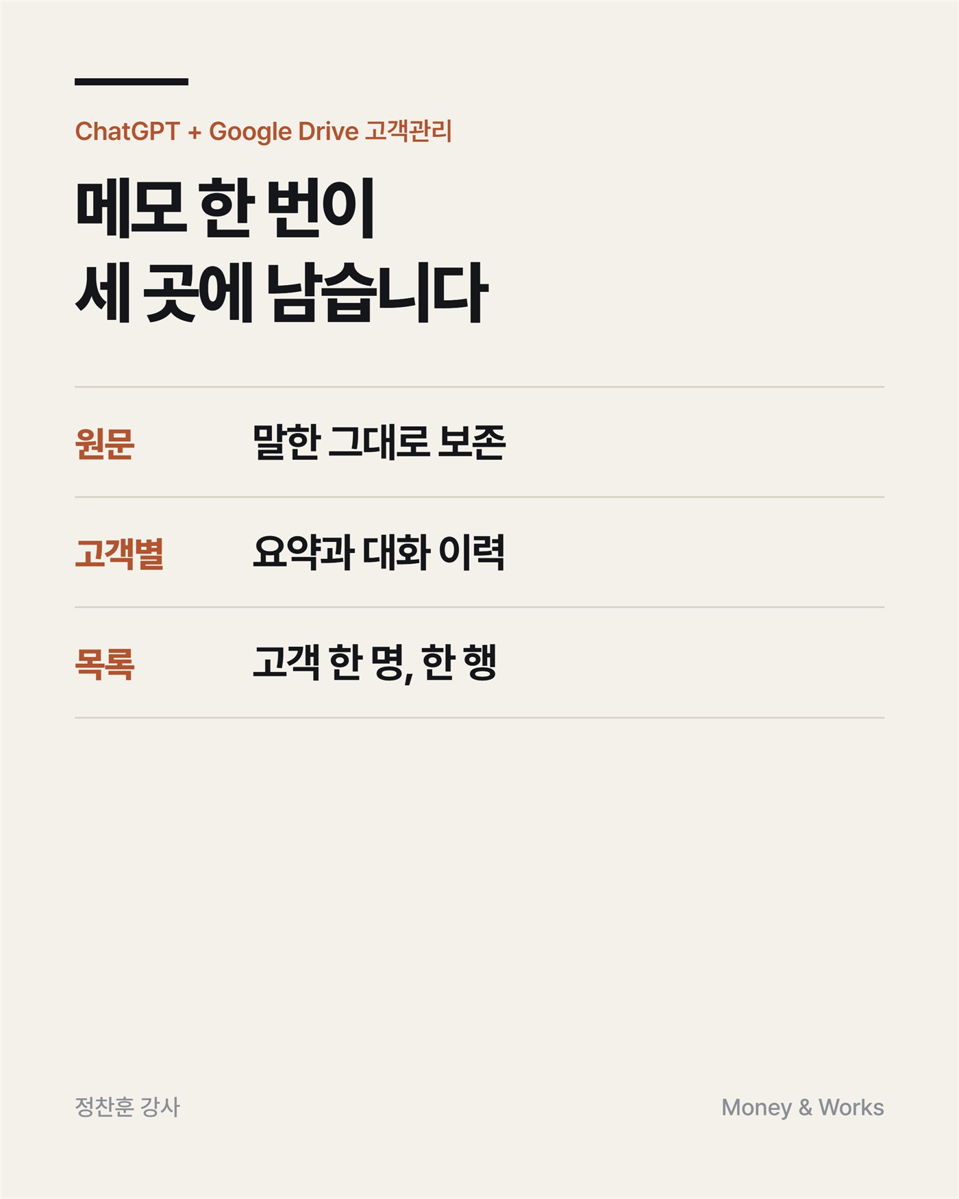 ChatGPT와 Google Drive 고객관리 구조 : 원문은 말한 그대로 보존, 고객별 요약과 대화 이력, 목록은 고객 한 명당 한 행